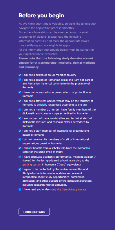 مراجعة والالتزام بمعايير القبول في منحة الحكومة الرومانية